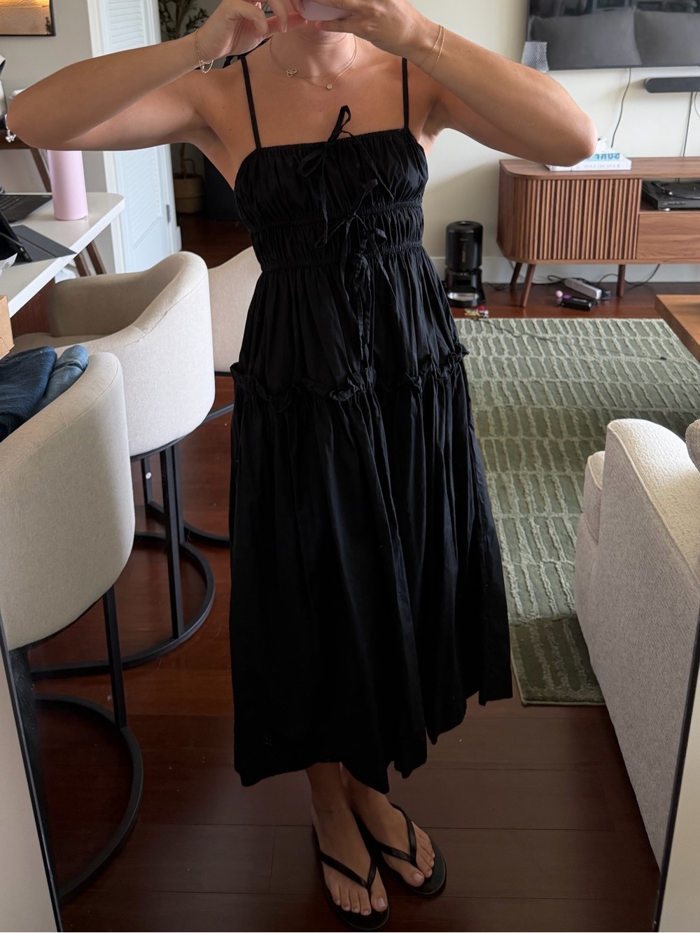 En Saison Black Tiered Spaghetti-Strap Midi Dress